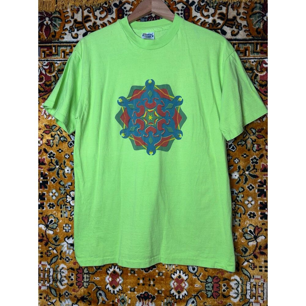 90s VTG Single Stitch Original Geometric Silk Screen Print sz L Hanes Beefy Tee
